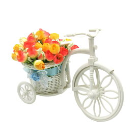 置物 ミニバラを乗せた小さな白い自転車 (オレンジ系)