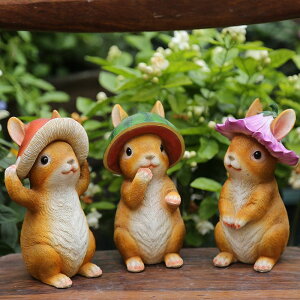 ガーデンオブジェ 置物 植物の帽子をかぶったウサギ ユニーク (スイカ、キノコ、花の3個セット)