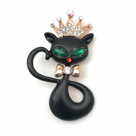 ブローチ 黒猫 プリンセス 王冠 リボン (ゴールド)