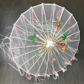 コスプレ 番傘 和傘 花柄 タッセル＆ロングリボン付き 布製 (ホワイト×ピンク)