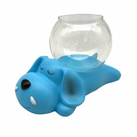 フラワーベース 花瓶 丸型 ガラス製 寝そべる動物のスタンド (イヌ×ブルー)