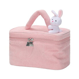 ポーチ バッグ型 コーデュロイ生地 ウサギのぬいぐるみ ブラシ収納 大容量 (ピンク)
