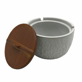 灰皿 和モダン 丸い木製風蓋付き アンティーク風 陶器製 (白)