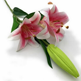 造花 カサブランカ ユリ 花2個 つぼみ 葉付き 1本 (ピンク)