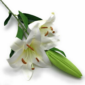 造花 カサブランカ ユリ 花2個 つぼみ 葉付き 1本 (ホワイト)