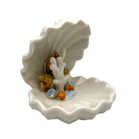 小物入れ 置物 開いた二枚貝 サンゴ 貝殻 陶器製 ホワイト ブルー