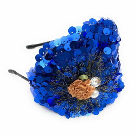 カチューシャ 帽子風 おしゃれなスパンコールとバラの花 (ブルー)