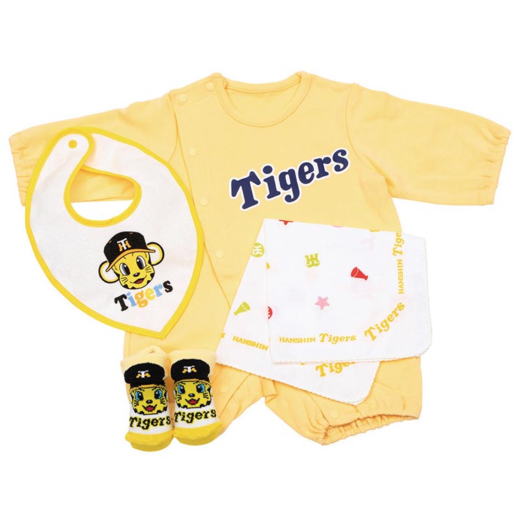 阪神タイガース グッズ プチドレス60cm・スタイ・ガーゼハンカチ・ソックス9cmの箱入りギフトセットです。【パッケージングされておりますので贈り物に最適です】  ベビー服 子供服 キッズこども 女の子 男の子 ギフト お祝い プレゼント Tigers goods