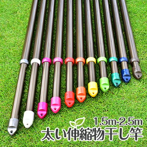 トヨトミの太くて長い伸縮丸竿(1.5mから2.5mまで伸びる)本体ロンズ色 大量の洗濯物でも大丈夫 敷布団も干せます キャップの色が12色から選べる ものほし竿 洗濯ざお【日本国内名古屋工場製