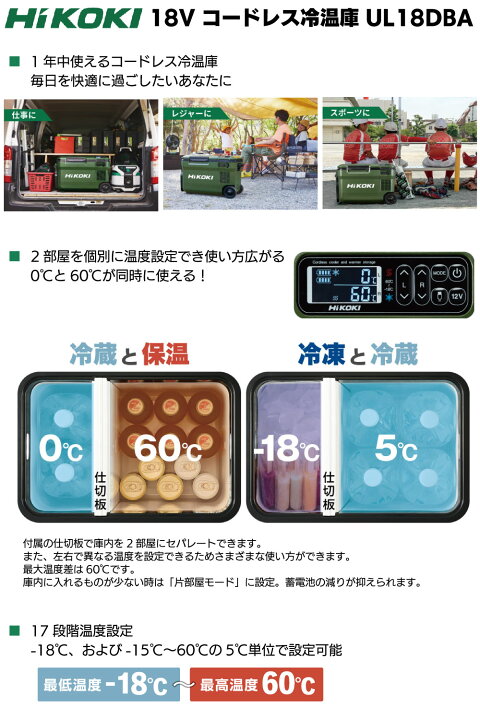 楽天市場】HIKOKI 18V コードレス冷温庫 UL18DBA ＜25L仕様 バッテリー 