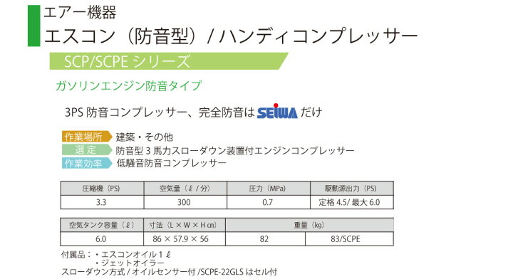 楽天市場】精和産業 コンプレッサー SCP-22GLS / SCPE-22GLS＜ガソリン 