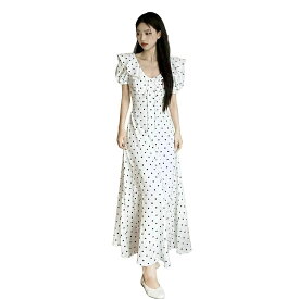 【フリル襟ドット】 ワンピース レディース ロング マキシ丈 マキシワンピース 水玉 ワンピ ドット柄 半袖 ボリューム袖 バルーン袖 リボン Vネック Aライン ロングワンピ 体型カバー 着痩せ 細見え 脚長 二の腕カバー カジュアル 可愛い デート 旅行 リゾート 春 夏