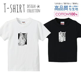 キャット 猫 にゃんこ 窓 白黒 かわいい Tシャツ キッズ かわいい サイズ 100 110 120 130 140 150 半袖 綿 100% 透けない 長持ち プリントtシャツ コットン 5.6オンス ハイクオリティー 白Tシャツ 黒Tシャツ ホワイト ブラック