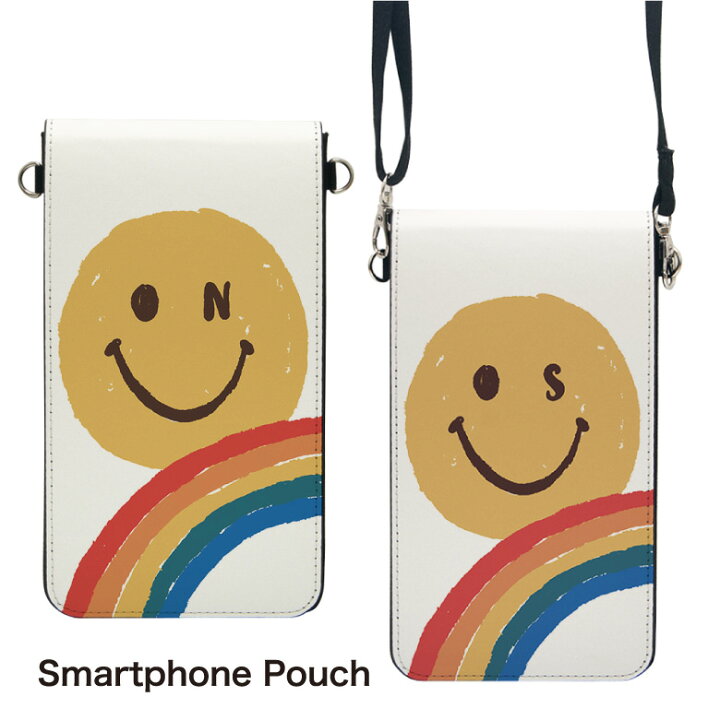 楽天市場 No64 Rainbow Face スマホポーチ スマートフォンポシェット ポシェット Iphone Android タッチ操作対応 ショルダーベルト 肩掛け 斜め掛け ポーチ 合皮 帆布 ジャケット 虹 レインボー スマイル 文字 イニシャル 可愛い オシャレ 文字入り D Ini