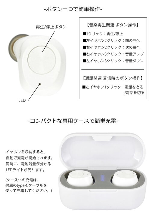 楽天市場 ワイヤレスイヤホン Bluetooth 5 0 ステレオイヤホン 充電ケース 両耳 ホワイト ブラック イヤフォン 無線 スイッチ付き おしゃれ 便利 ハンズフリー通話 ブルートゥース グッズ アイフォン アンドロイド スマホ スマートフォン ワイヤレスイヤフォン