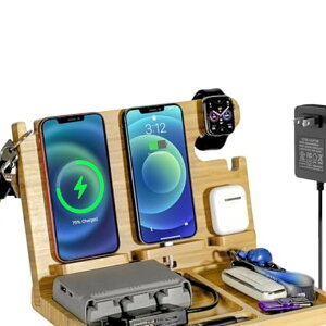 ワイヤレス充電器 3in1、2台の携帯電話に適した竹木製iphone,Samsung充電スタンド、iWatch、Airpod同時充電、デスク卓上収納眼鏡、時