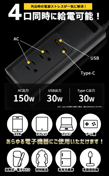 楽天市場 カーインバーター 150w 12v 車 専用 カーチャージャー シガーソケットに挿すだけ Usb 充電 車内 100v 電源 パソコン 災害 緊急 Ac 地震 震災 防災 4ポート 防犯カメラのモノサプライ