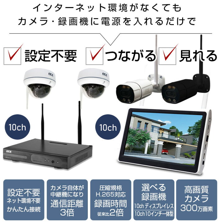 楽天市場】防犯カメラ ワイヤレス 屋外 屋内 10ch NVR + 無線 IPカメラ 