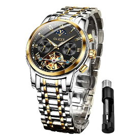 OLEVS 腕時計 メンズ 自動巻き おしゃれ 男性用 腕時計 父の日プレゼント 人気 かっこいい ビジネス 防水 ファッション 日付 カレンダー 裏スケルトン (ブラック)