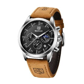 BENYARメンズ 腕時計アナログクォーツムーブメントスタイリッシュなクロノグラフ ウォッチ カジュアルスポーツデザイン レザーストラップ 30M防水エレガントギフト
