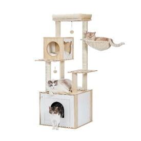 PETEPELA(ぺテぺラ) キャットタワー トイレ目隠し 木製 収納 多用家具 インテリア 猫タワー 多頭 ぶつかり防止 角ガード コーナーガード 安全対策 滑り止めマット付き 猫ハウス ベッド - 高さ146cm ベージュ