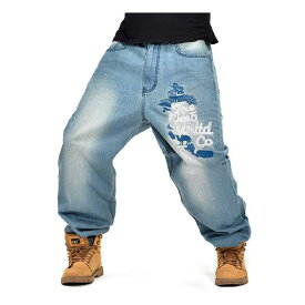 D.IIZOO おおきいサイズ 刺繍ジーンズ メンズ ゆったり デニムパンツ ワイドルーズ ジーパン ストレートタイプ バギーパンツ ヒップホップ ストリート系 hip hop (ブルー、 46)