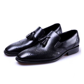 [F.shion] 革靴 ビジネスシューズ メンズ ウイングチップ 革 フリンジ ローファー タッセル 紳士靴 BJSZ09 黒/24.5