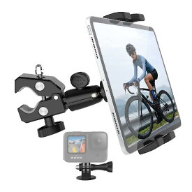 Aozcu 自転車タブレットホルダー バイクタブレットクランプマウント 360度回転 ハンドルバーマウント 防振 落下防止 オートバイタブレットスタンド 耐久性アルミ素材 安定性 タブレットスタンド 4-13インチタブレット対応： iPad Pro 11