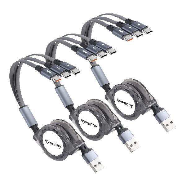 3 in 1巻き充電ケーブル、USB多機能充電ケーブル、3A高速充電、3つの
