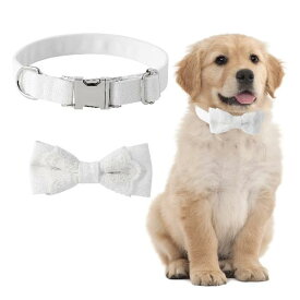 HACRAHO 弓付き犬用首輪 1ピース 取り外し可能な蝶ネクタイが付いている白い犬の結婚式の襟 安全バックル付きの調節可能なドッグボウカラー 中小型犬用 L