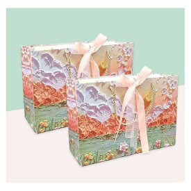ラッピング 袋 手提げ 紙袋 プレゼント用 ギフトバッグ おしゃれ ギフト 袋 3D 立体 視覚 油絵 かわいい スタイル 誕生日 包装袋 (Lx2枚 雪山桜)