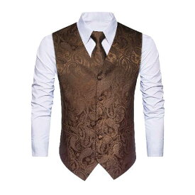 [ヒスデン] ブラウン ベスト メンズ スーツベスト ネクタイ セット 大きいサイズ 2ポケット Vネック 6ボタン ビジネス 結婚式 ベスト 男性 礼服 XL