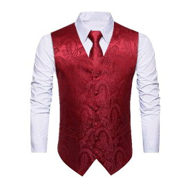[ヒスデン] 赤 スーツ ベスト メンズ レッド フォーマル ジレ ネクタイ チーフ 2ポケット カジュアル 結婚式ベスト 大きいサイズ 礼服 紳士 XL