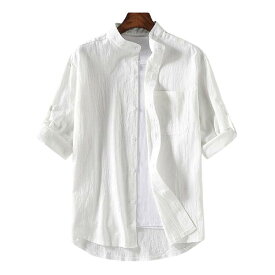 [JHIJSC] シャツ メンズ 半袖 カジュアル 七分袖 ゆったり 薄手 夏 綿麻 無地 おしゃれ 大きいサイズ (ホワイト L)