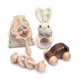 Let‘s make 天然木 ラトル ガラガラ ウサギ 4個セット おもちゃ 赤ちゃん 木製 無塗装 幼児 ミニカー ギフト 出産祝い 贈り物 知育玩具