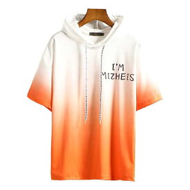 L オレンジのTシャツ D.IIZOO ペアルックジャージ セットアップ カップル 長袖 半袖 パーカー メンズ レディーズ Tシャツ ショートパンツ 上下セット フード付き 夏服 スポーツ グラデーション お洒落 韓国 おしゃれ 大きいサイズ