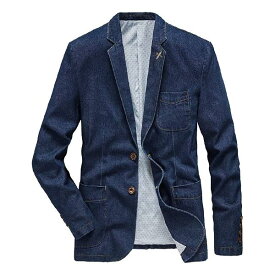 4XL ブルー デニム テーラードジャケット メンズ 長袖 2つボタン スーツジャケット 紳士 上品 カジュアル ビジネス アウター 大きいサイズ