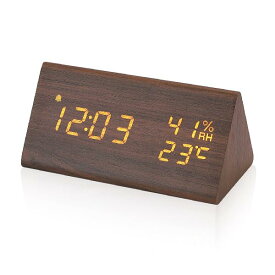 デジタル目覚まし時計 置き時計 LED時間表示3目覚まし時計設定 USB給電 き湿度と温度検出電子時計 寝室 ベッドサイドテーブル 机 オフィス 子供 家族に適しています (ブラウン)