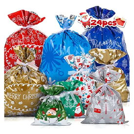 LIHAO クリスマス ラッピング 袋 24枚 プレゼント 袋 グリーティングバッグ ギフトバッグ 4サイズ 小 大 特大（S~XL） 9デザイン カラフル 24本リボン付き