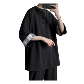 YIMANIE メンズ tシャツ 半袖 七分袖 カットソー 服 メンズ チェック柄 夏服 BIG tシャツ メンズ カジュアルシャツ ティーシャツ 大きいサイズ 無地 地紋 ビッグシルエット オーバーサイズ 白 黒 ドロップショルダー