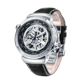 TIME100 腕時計 メンズ とけい 防水 機械式 スケルトン トゥールビヨン ワールドタイム かっこいい アナログ 文字大きい スタイリッシュ シルバー