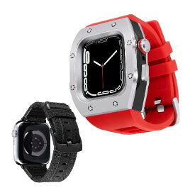 コンパチブル Apple Watch バンド 45mm 2本セット 頑丈なメタルの保護バンパーケース付きシリコン時計ベルトと交換用帆布ストラップセットiWatch ウォッチバンド Series 8/7（赤いバンド-銀いケース）