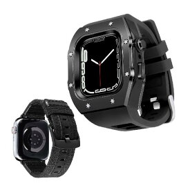 コンパチブル Apple Watch バンド 45mm 2本セット 頑丈なメタルの保護バンパーケース付きシリコン時計ベルトと交換用帆布ストラップセットiWatch ウォッチバンド Series 8/7（黒いバンド-黒いケース）