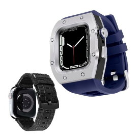 コンパチブル Apple Watch バンド 45mm 2本セット 頑丈なメタルの保護バンパーケース付きシリコン時計ベルトと交換用帆布ストラップセットiWatch ウォッチバンド Series 8/7（青いバンド-銀いケース）