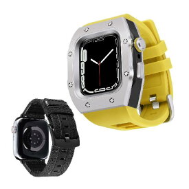 コンパチブル Apple Watch バンド 45mm 2本セット 頑丈なメタルの保護バンパーケース付きシリコン時計ベルトと交換用帆布ストラップセットiWatch ウォッチバンド Series 8/7（黄色いバンド-銀いケース）