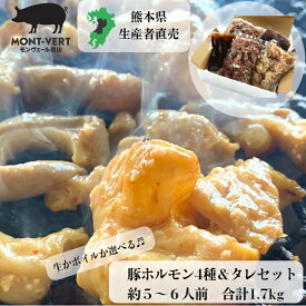 【熊本直送】 冷凍 熊本県生産直売 生かボイルか選べる新鮮ホルモン4種＆味噌だれセット 1.7kg 食べ比べ お試し 送料無料 味噌 焼肉 バーベキュー 新鮮 生ホルモン 小腸 大腸 胃袋 レバー 豚ホルモン モツ ガツ おつまみ 味噌漬け 味つけ肉
