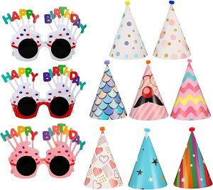 11PCSセット 誕生祝 バースデーメガネ パーティーハット 三角帽子 ハッピーバースデー ロールプレイ眼鏡 ケーキ眼鏡 誕生祝メガネ おもしろサングラス ポンポンボールバースデーコーンハッ