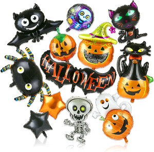 万聖節飾り ハロウィン バルーン 飾り12種入 飾り付け 装飾 パーティー デコレーション インテリア アルミバルーン 子供 カボチャ 猫 魔女 幽霊 蜘蛛 コウモリ 黒猫 ふうせん ヘリウムガス(*