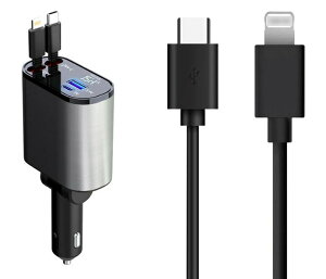 【★楽天1位】 急速充電 カーチャージャー 4台同時充電後部座席充電 車載充電器 電圧計 カー用品 for iPhone16 Android車内をスッキリに!シガーソケット スマホ充電器 巻き取り Type-C Lightning 巻き