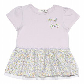 【アウトレットセール 150cm限定】子供服 女の子 Tシャツ 半袖 普段着 通学着 綿100％花柄切り替えリボン付きチュールフリルギャザー ブルー パープル 春夏 【むーのんのん moononnon】